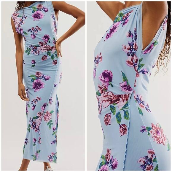 FREE PEOPLE Floral Rose Print Mesh Carmel Side Slit Bodycon Midi Dress L - Picture 2 of 11